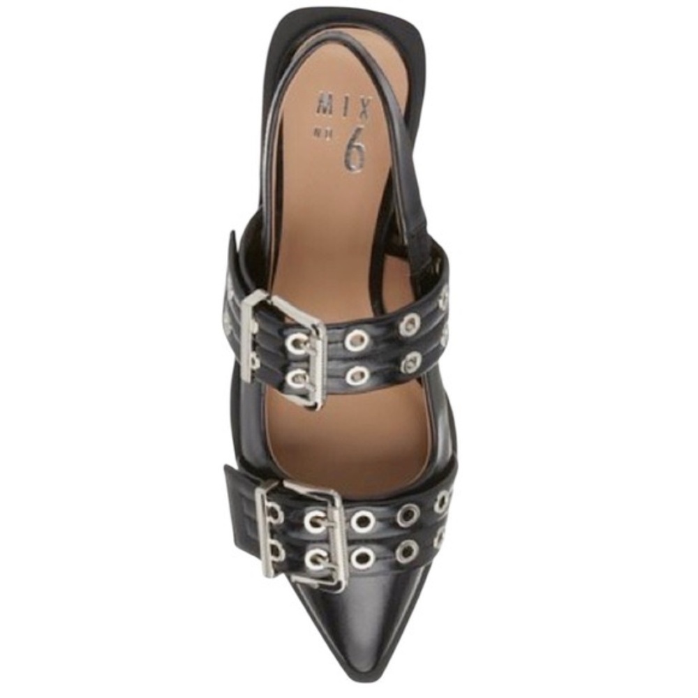 Mix No. 6 Black Patent Sybel Slingback Silver Double Buckle Pointy Flat 9.5